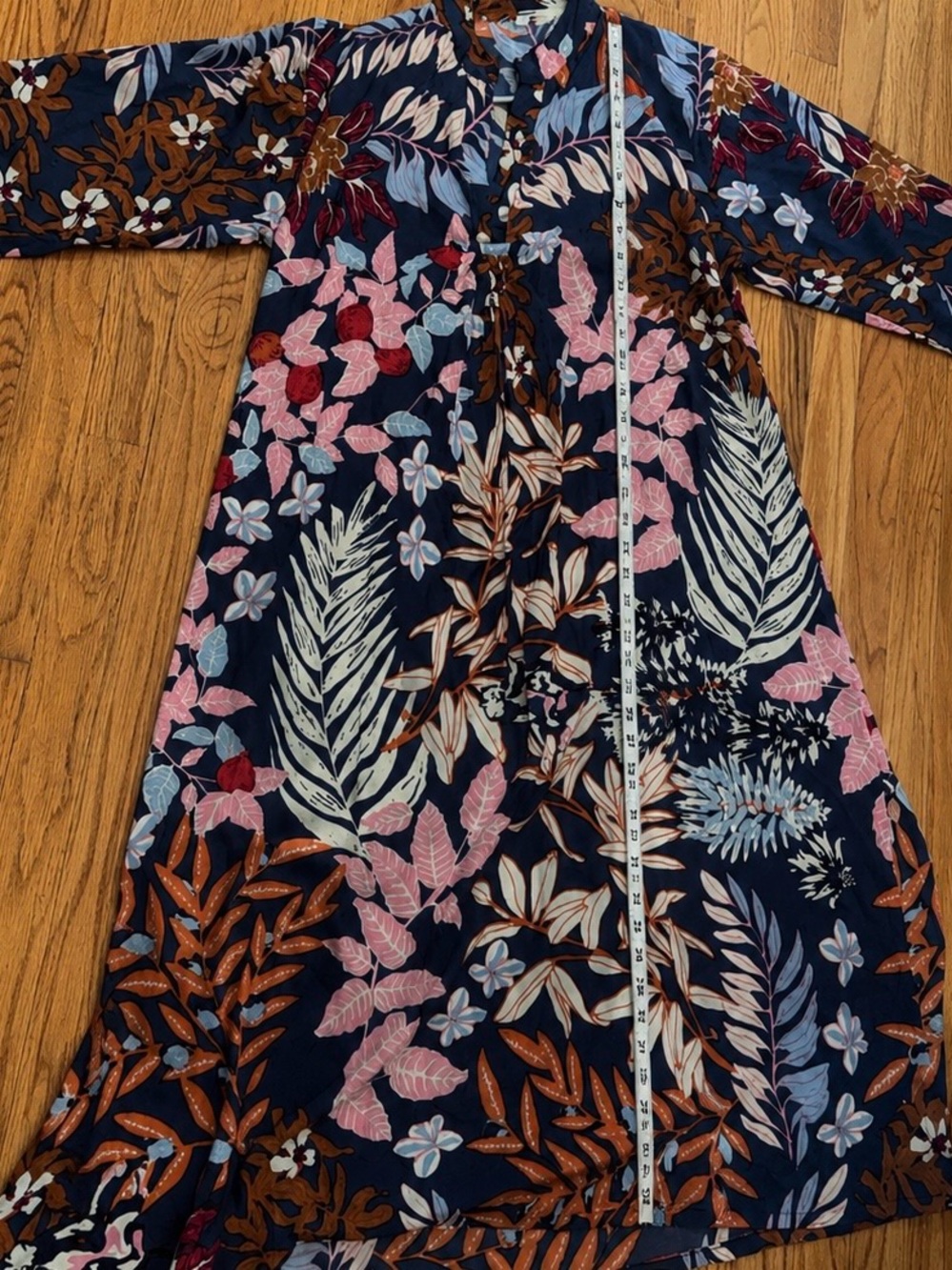 Floral Tropical Tunic Dress Beach Cover Up Navy Pink Long Sleeve Medium - Picture 6 of 6